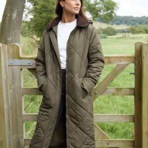 Women's Khaki Diamond Quilted Heritage Longline Barn Jacket with Removable Hood